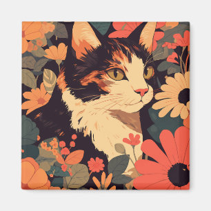 Aimant Elégant Calico Chat dans le jardin floral