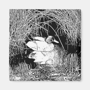 Aimant Elégant canard dans les roseaux Nature noire et bl