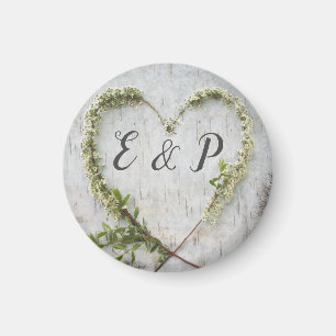 Aimant Élégant coeur de fleur mariage d'écorce de bouleau