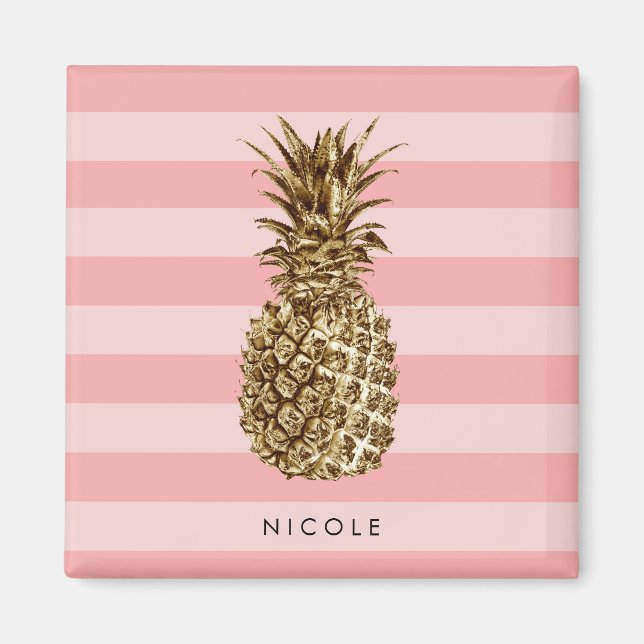 Aimant élégant joli ceinture en or ananas & bande rose (Devant)