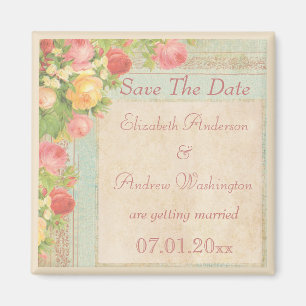 Aimant Élégant Mariage Rose Vintage Enregistrer La Date