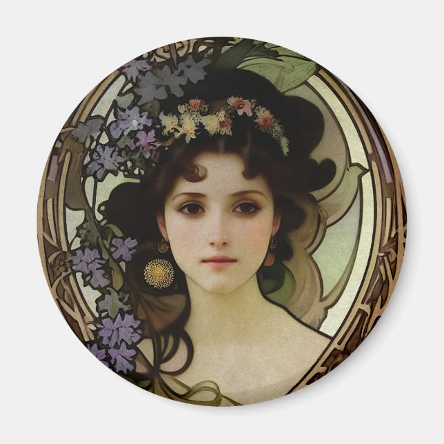 Aimant Elégant Mucha Style Portrait d'une belle femme (Devant)