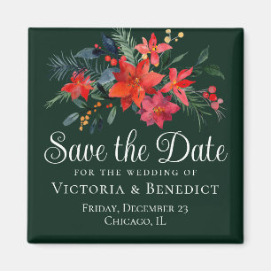 Aimant Élégant Noël vert rouge floral Enregistrer la date