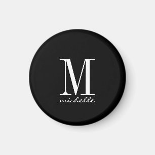 Aimant Élégant Noir et Blanc Nom Monogramme Personnalisé