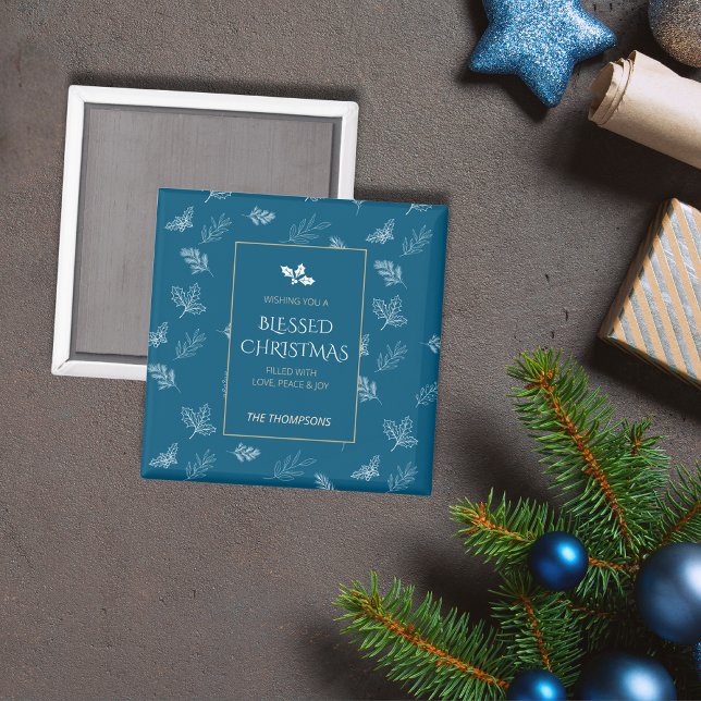 Aimant Elégant or Feuilles d'hiver Bleu Noël (Créateur téléchargé)