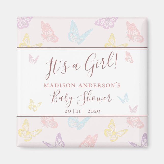 Aimant Elégant Pastel Rose Butterfly Baby shower fille (Devant)