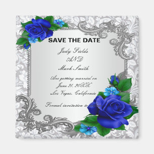 Aimant Elégant Roses Bleu Mariage Enregistrer La Date Mag