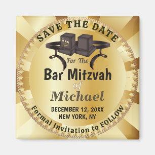 Aimant Élégant Tefillin Bar Mitzvah Save The Date en or