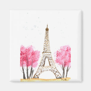 Aimant Elégante aquarelle rose fleurs Eiffel tour Paris