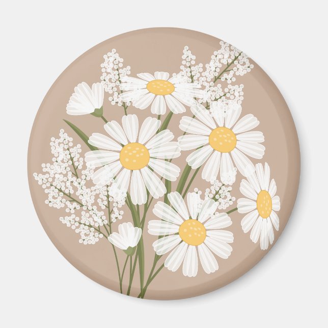 Aimant Elégante marguerite florale blanche sur beige (Devant)