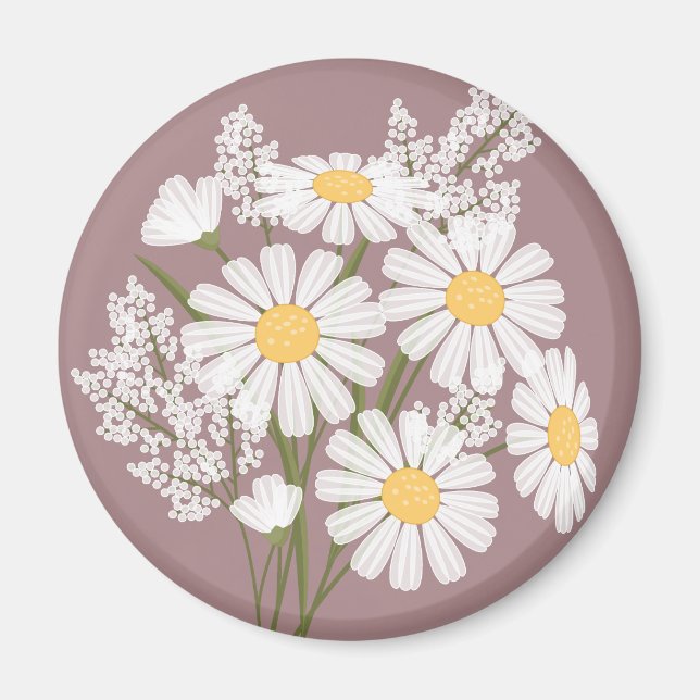 Aimant Élégante marguerite florale blanche sur Rosy Brown (Devant)