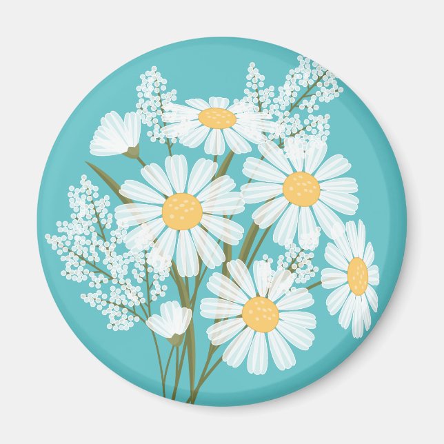 Aimant Elégante marguerite florale blanche sur Turquoise (Devant)
