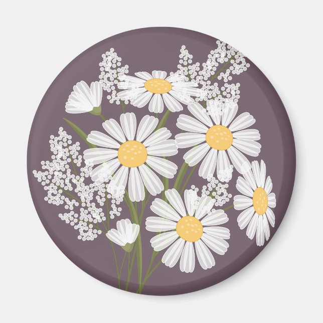 Aimant Élégante marguerite florale blanche sur violet fon (Devant)