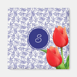 Aimant Elégante Tulipes Rouges Printemps Floral Bleu Mono