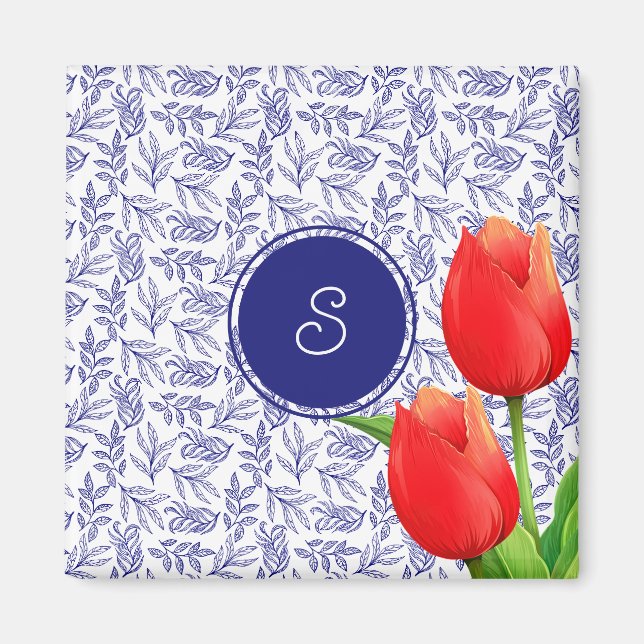Aimant Elégante Tulipes Rouges Printemps Floral Bleu Mono (Devant)