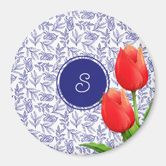 Aimant Élégantes Tulipes Rouges Printemps Floral Blue Mon