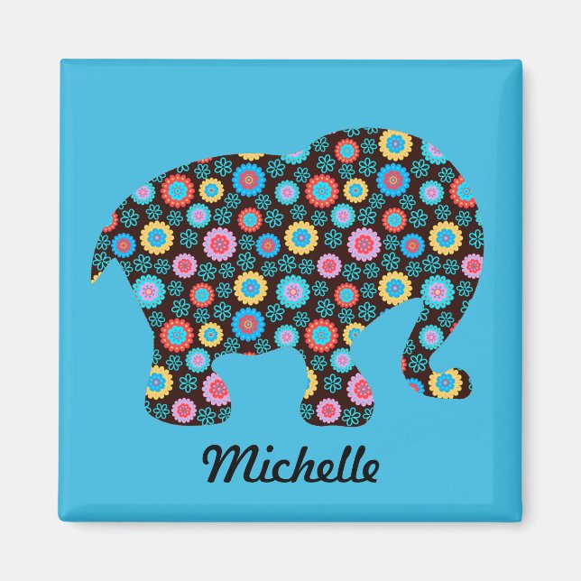 Aimant Eléphant Motif Fleur sur Bleu Personnalisé (Devant)