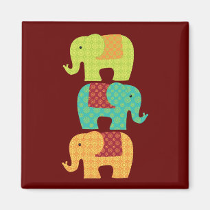Aimant Eléphants ethniques avec fleurs sur le rouge du m