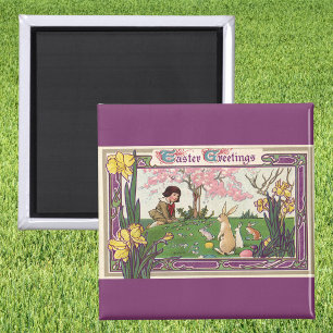 Aimant Enfant vintage à la chasse aux oeufs de Pâques ave