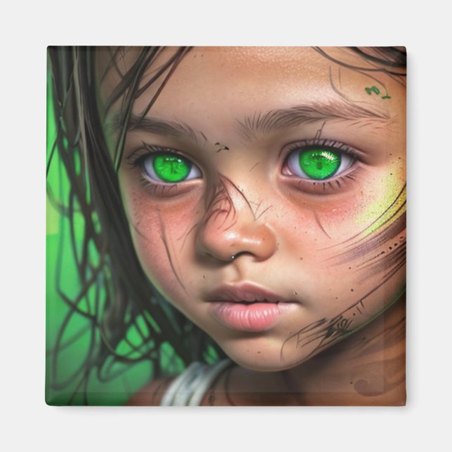 Aimant Enfants tribaux | Yeux verts futuristes (Devant)