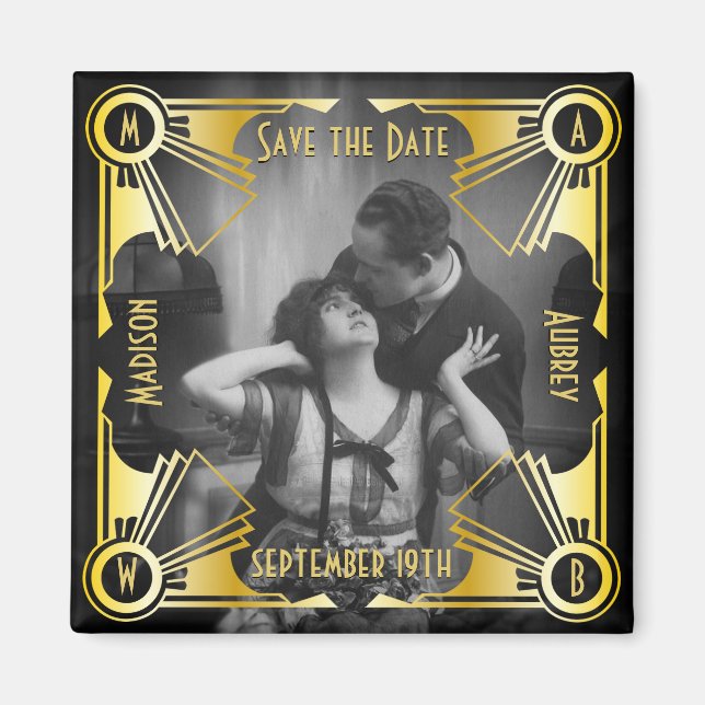 Aimant Enregistrer la date Art Déco Mariage Gold & Black  (Devant)