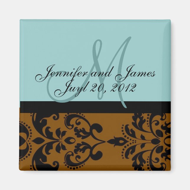 Aimant Enregistrer la date Blue Brown Mariage damassé Mag (Devant)
