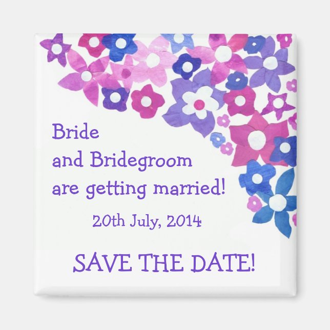 Aimant 'Enregistrer la date' Magnet, rose et bleu Fleurs (Devant)