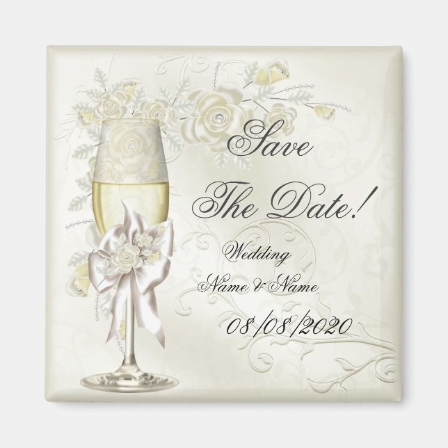 Aimant Enregistrer La Date Mariage Gold Cream Pearl Flora (Devant)