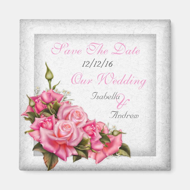 Aimant Enregistrer La Date Mariage Joli Roses Rose Bouque (Devant)