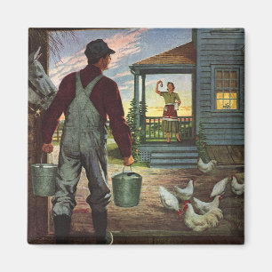 Aimant Entreprise Vintage, Ferme avec agriculteur et poul