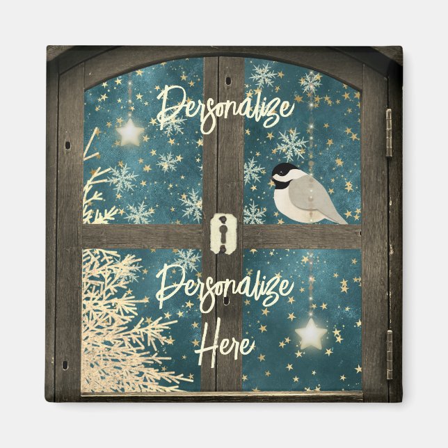 Aimant Étoiles de fenêtre rustiques cabine hiver, flocons (Devant)