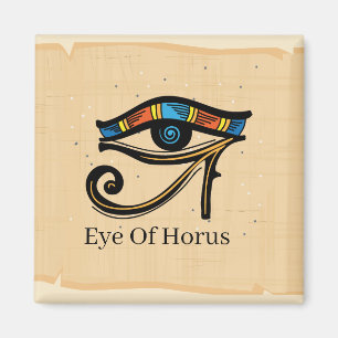 Aimant Eye Of Horus on papyrus, Egyptian hieroglyphs  