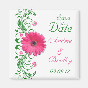Aimant Faire-part de mariage Fleur de Gérbera rose et fle