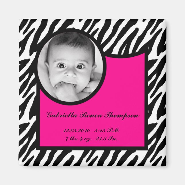 Aimant faire-part de naissance 2"x2" Hot rose Zebra (Devant)