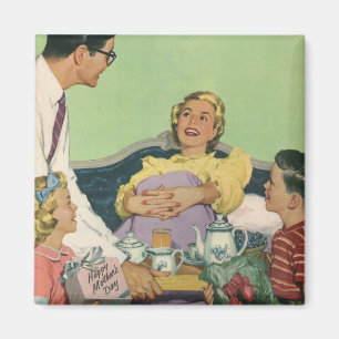 Aimant Famille Rétro Sert le Petit Déjeuner au Lit à Mama
