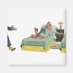 Aimant Famille Vintage servant le petit déjeuner au lit à