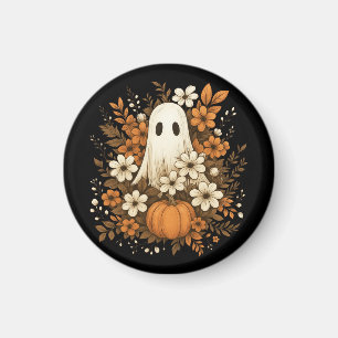 Aimant Fantôme mignon avec Citrouille et fleurs d'automne