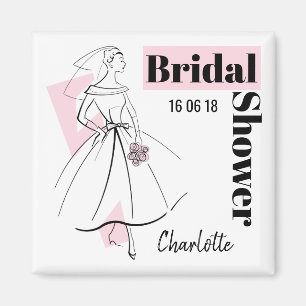 Aimant Fashion Bride Fête des mariées rose Date Nom carré