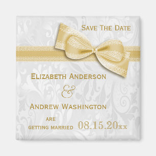Aimant Faux noeud en damas blanc et or Save The Date