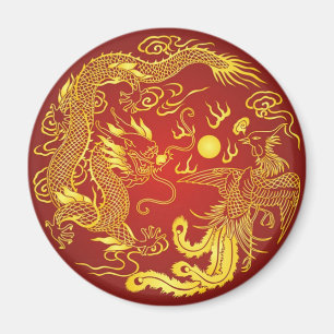 Aimant Faveur de mariage chinois Dragon Phoenix Rouge Or