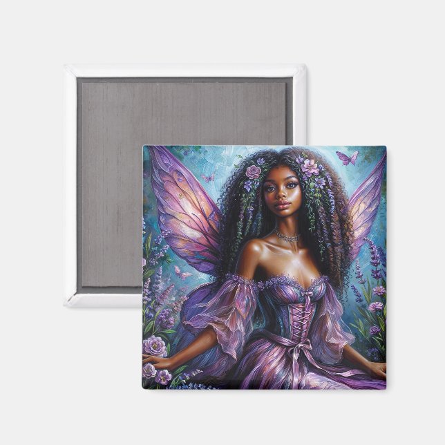 Aimant Fée noire avec ailes et fleurs violettes (Recto/Verso)