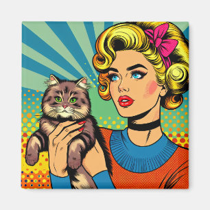 Aimant Femme de l'art pop cartoonistique tenant un chat