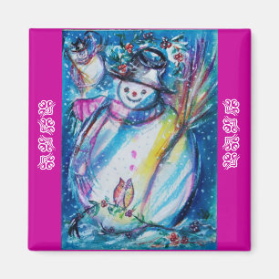Aimant FEMME DE NEIGE AVEC BOUTEILLE EN HIVER PÂTE Bleu