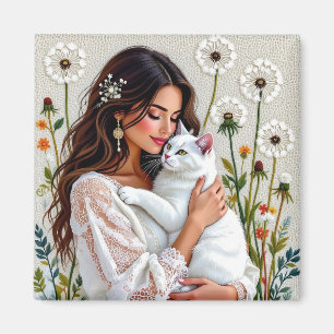 Aimant Femme et chat blanc et pissenlits 
