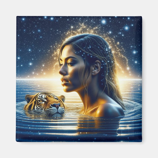 Aimant Femme mystique nageant avec tigre (Devant)