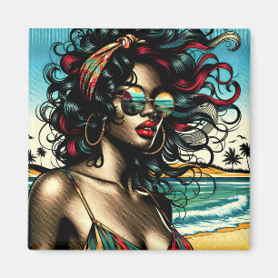 Aimant Femme Rétro sur la Plage Style Bande Dessinée Pop 