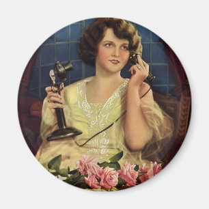 Aimant Femme vintage parlant au téléphone Fleurs de rose