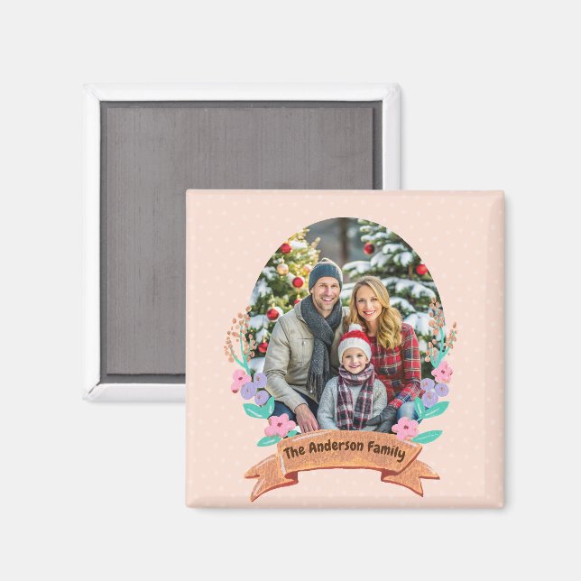 Aimant Festive Floral Wreath Christmas Baby Pink Photo (Recto/Verso)
