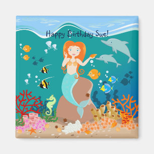 Aimant Fête d'anniversaire sirène et dauphins sous la mer