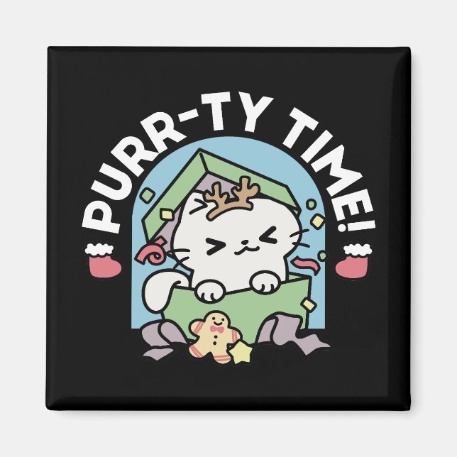 Aimant Fête de Noël avec Purr-ty Time Cat (Devant)